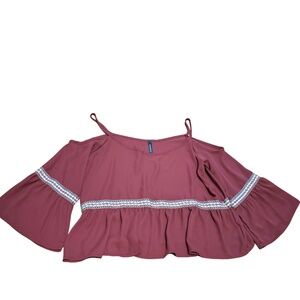 Mittoshop Cut shoulder Blouse Burgundy Red with Embroidery detail long sleeve